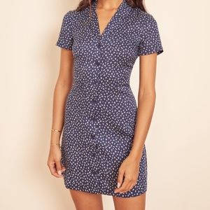 Reformation Hilde Dress Navy Blue with White Flowers, XS